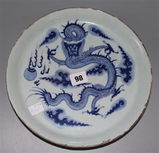 A 19th century Chinese blue and white dragon dish